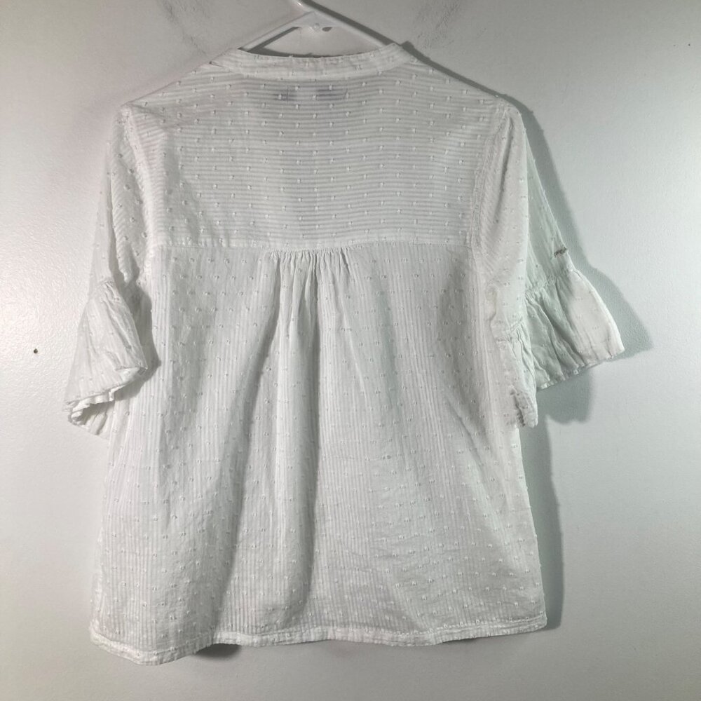 Womens Prana Swiss Dot 1/2 Button Pullover Blouse 1/2 Bell Sleeve White M Cotton - Picture 2 of 9